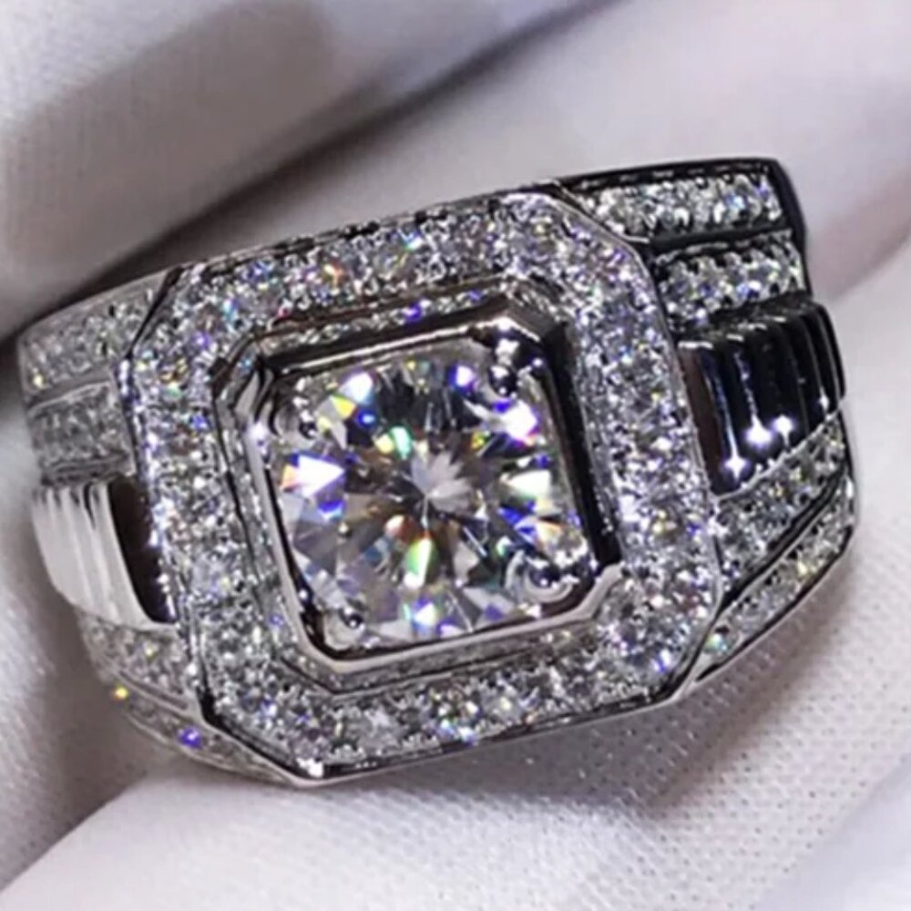 Nice XL 4.50 Ctw. Men's Diamond Ring 18K. White Gold Pltd.